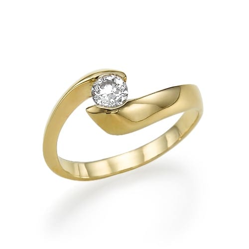 An elegant gold ring featuring a single, sparkling round-cut diamond set in a unique, modern band design.