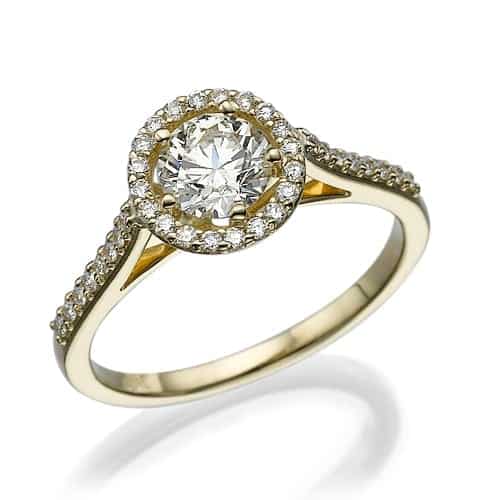 A sparkling round-cut diamond ring with a halo setting and pavé band on a white background.