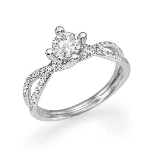 A sparkling diamond engagement ring with an elegant twisted band design set in shiny white gold or platinum.