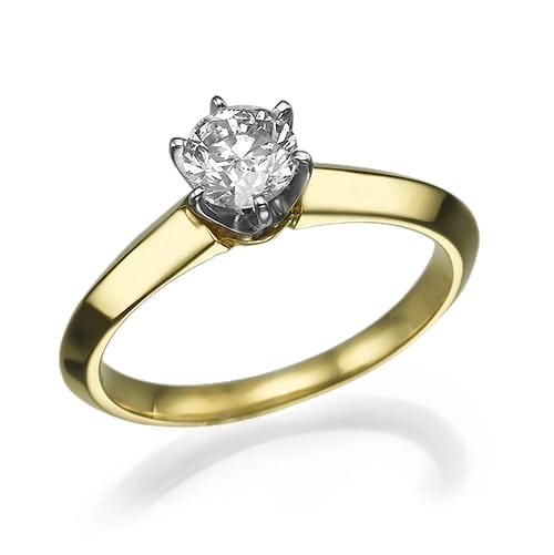 Gold solitaire diamond engagement ring on a white background.