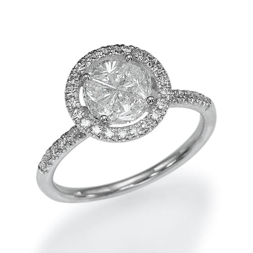 A sparkling diamond engagement ring with a prominent center stone surrounded by a halo of smaller diamonds, set on a slender band encrusted with diamonds.