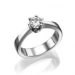 A classic solitaire diamond engagement ring with a sleek band, set against a white background.