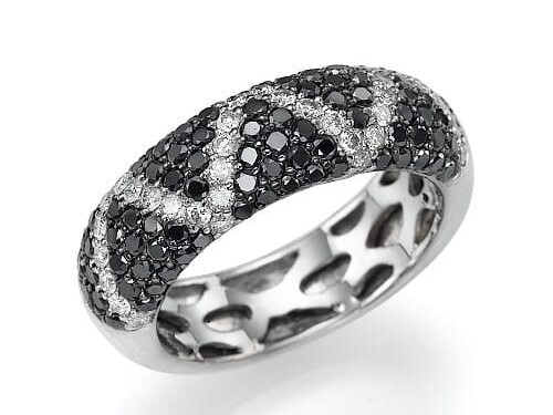 Elegant silver ring featuring a double row of sparkling black and white diamonds set in a contrasting and sophisticated pave setting.
