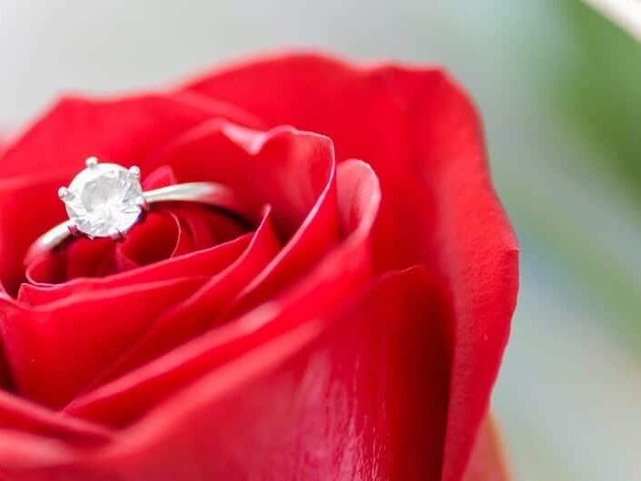 A diamond ring nestled within the delicate petals of a vibrant red rose.