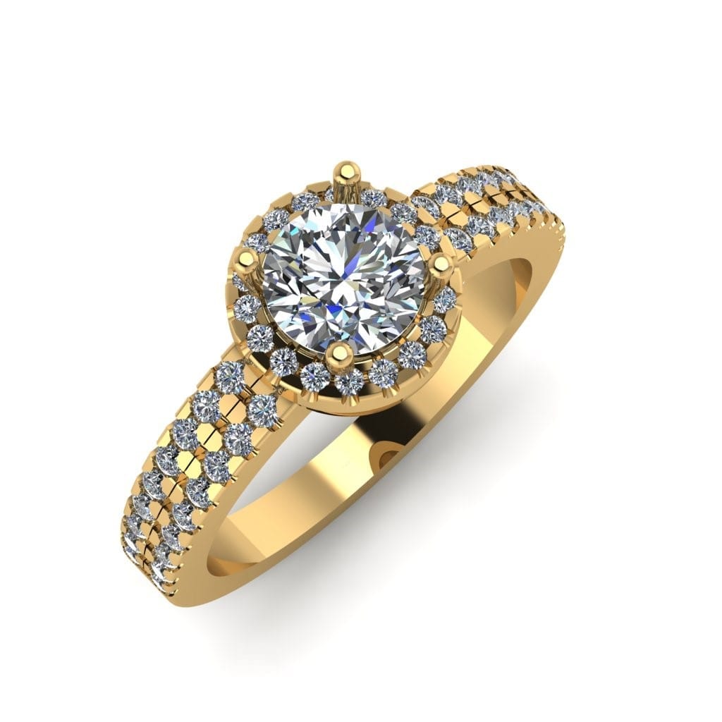 טבעת אירוסין אלגנטית מזהב עם יהלום מרכזי גדול ולצדו יהלומים קטנים יותר לאורך הרצועה.
