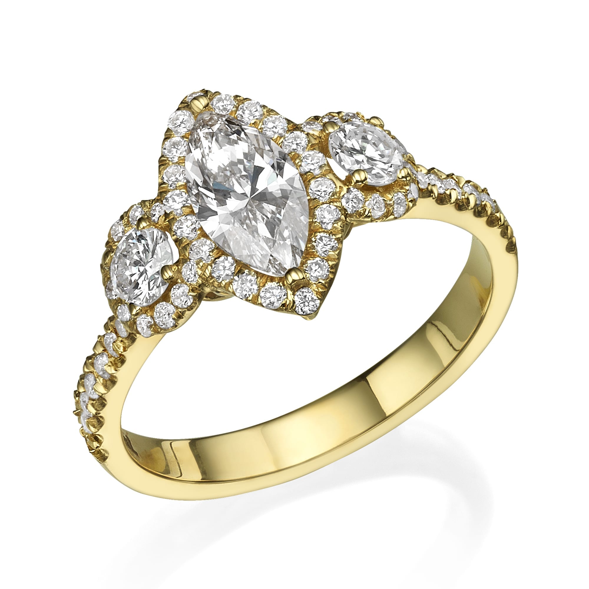 טבעת דגם אלגנטית שאנון מעוטרת במגוון נוצץ של מרקיז ויהלומים בחיתוך עגול משובצים בעיצוב מתוחכם.