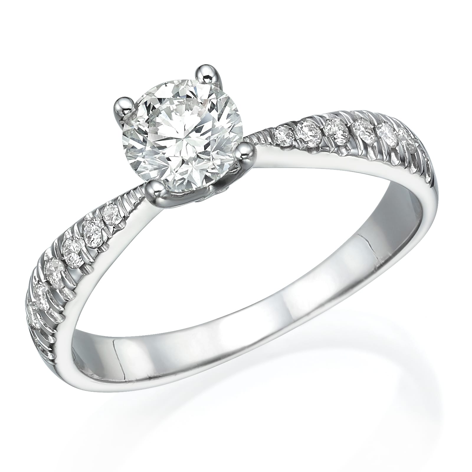 טבעת אירוסין כסף אלגנטית עם מחולת ה-ראונד קאט-מרכזי שמלווה בשרשרת יהלומים.