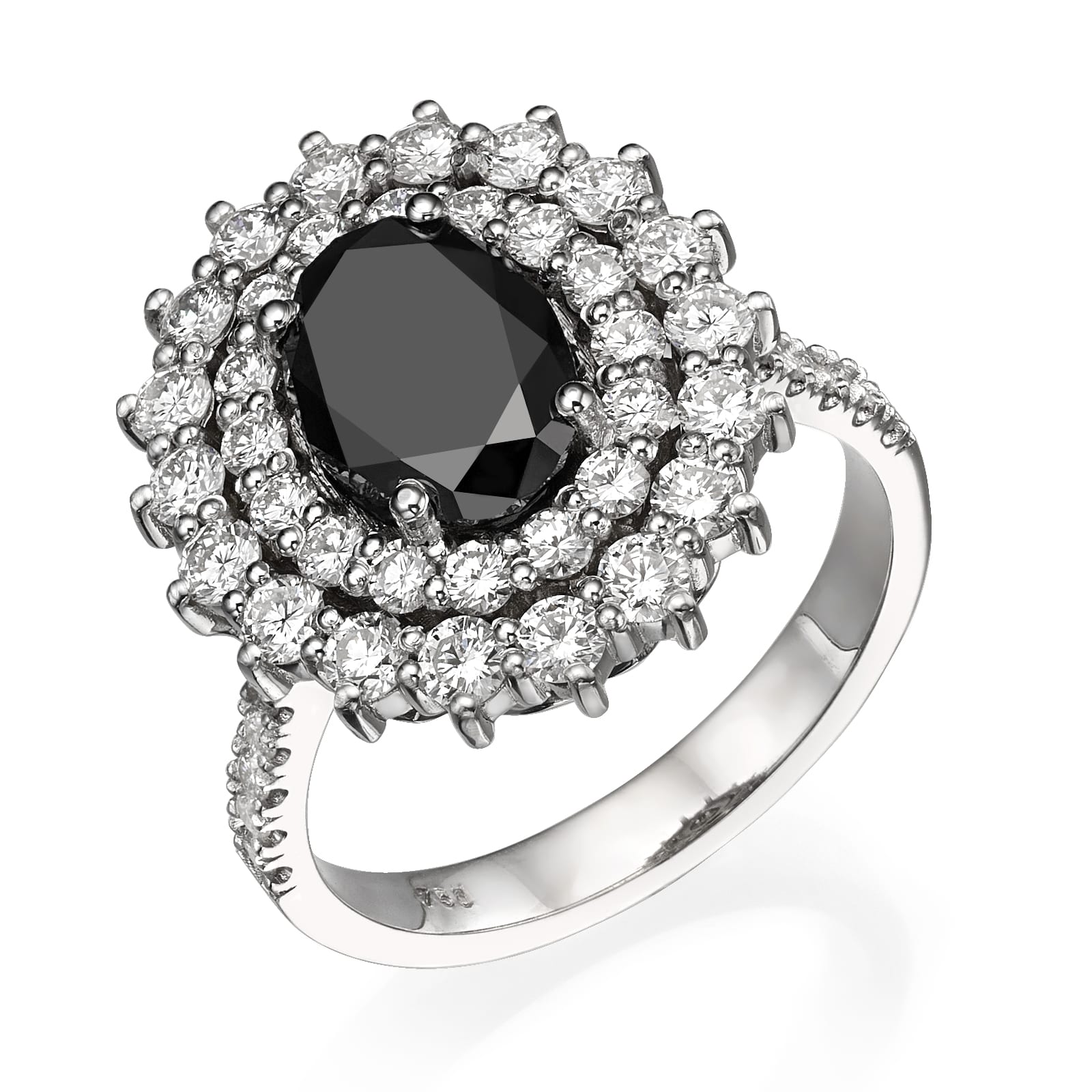 טבעת כסף אלגנטית הכוללת אבן חן שחורה גדולה מוקפת יהלומים נוצצים, משובצת בעיצוב הילה יוקרתי טבעת יהלום שחור דגם Dominique.