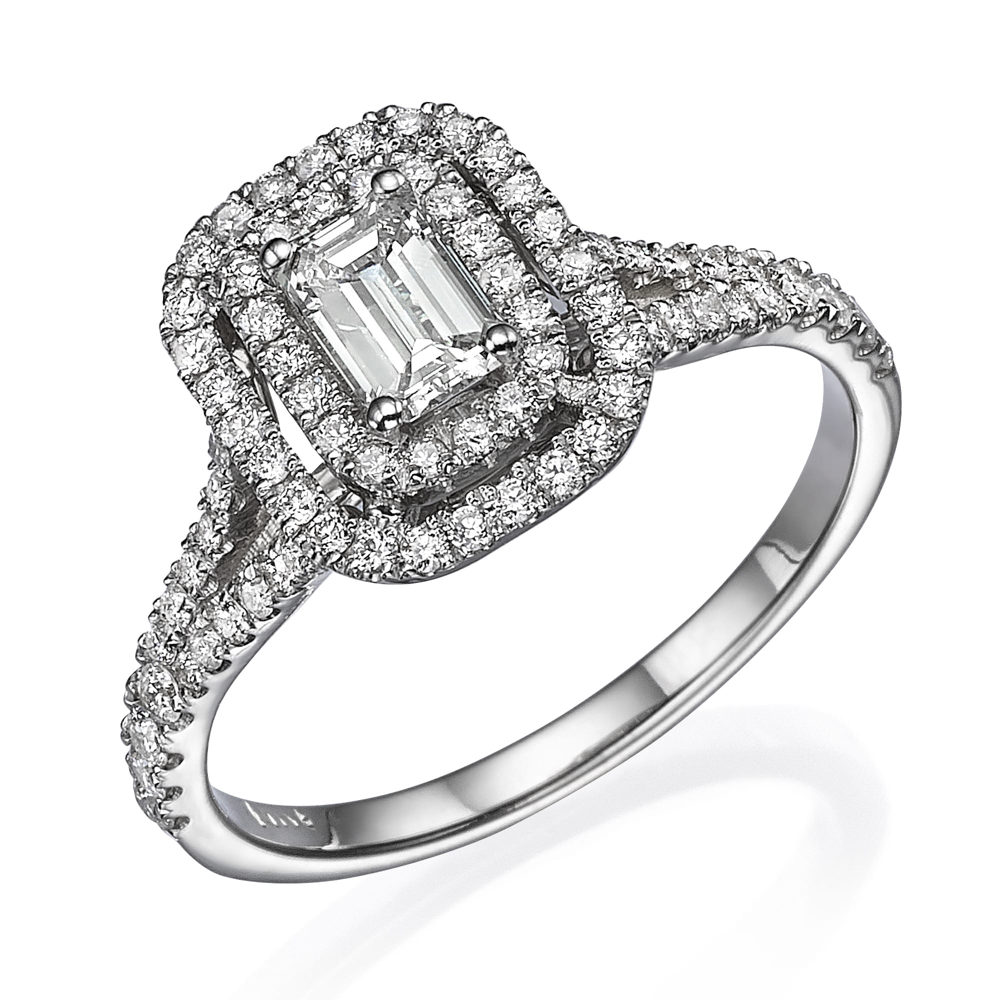 דגם אלין אלגנטי של טבעת אירוסין עם אבן חן מרכזית מלבנית מוקפת הילה כפולה של יהלומים משובצים בפאב, המציגה עיצוב קלאסי ויוקרתי.