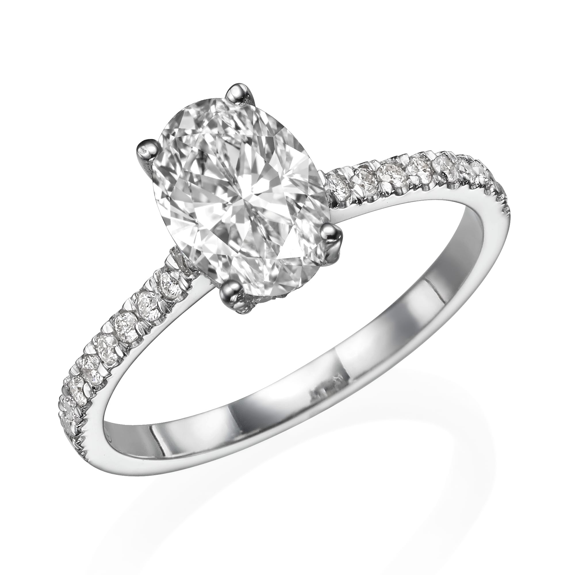 טבעת אירוסין סגלגלה נוצצת משובצת זהב לבן או פלטינה, הכוללת שורה של יהלומים קטנים יותר לאורך הרצועה - דגם טבעת אירוסין שובה הלב קתרין.