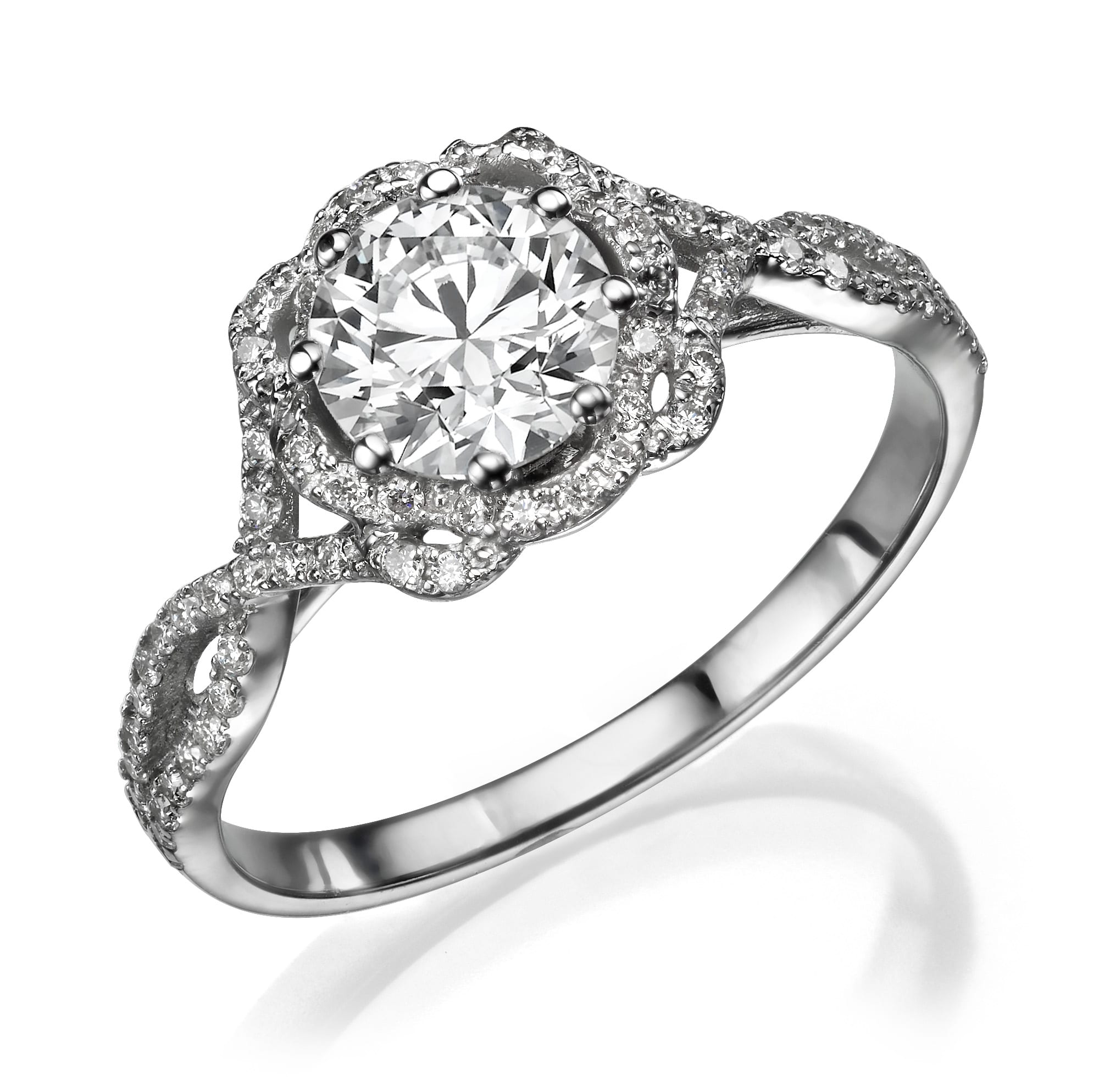 טבעת טבעת אירוסין אלינור נוצצת עם אבן מרכזית גדולה משובצת בעיצוב הילה מורכב בהשראת וינטג', הכוללת יהלומים משובצים על רצועת זהב לבן מלוטש.