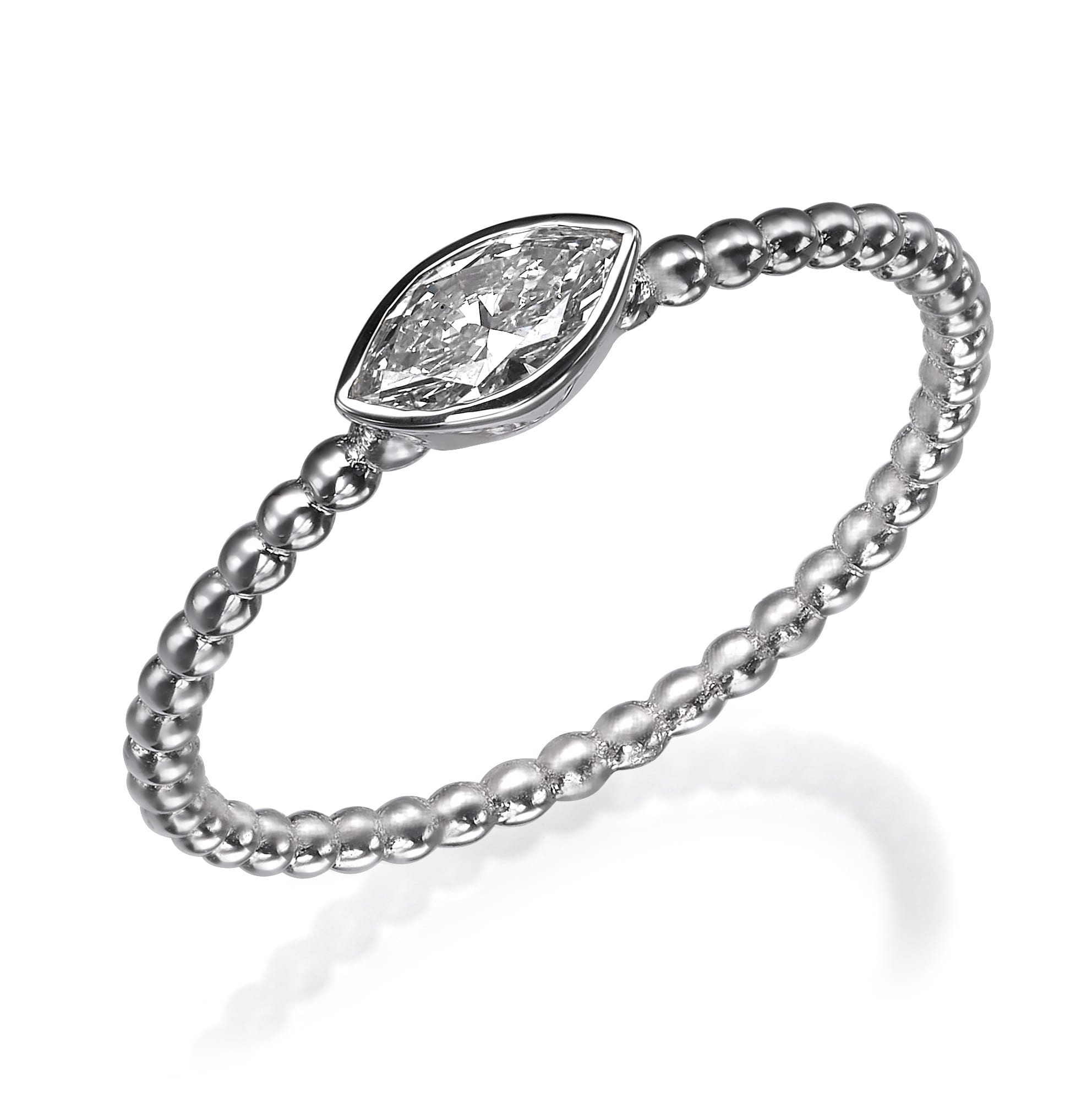 טבעת כסף אלגנטית הכוללת חלק מרכזי יהלום בחיתוך מרקיז בעיצוב רצועת חרוזים - טבעת יהלום דגם Lexi R056