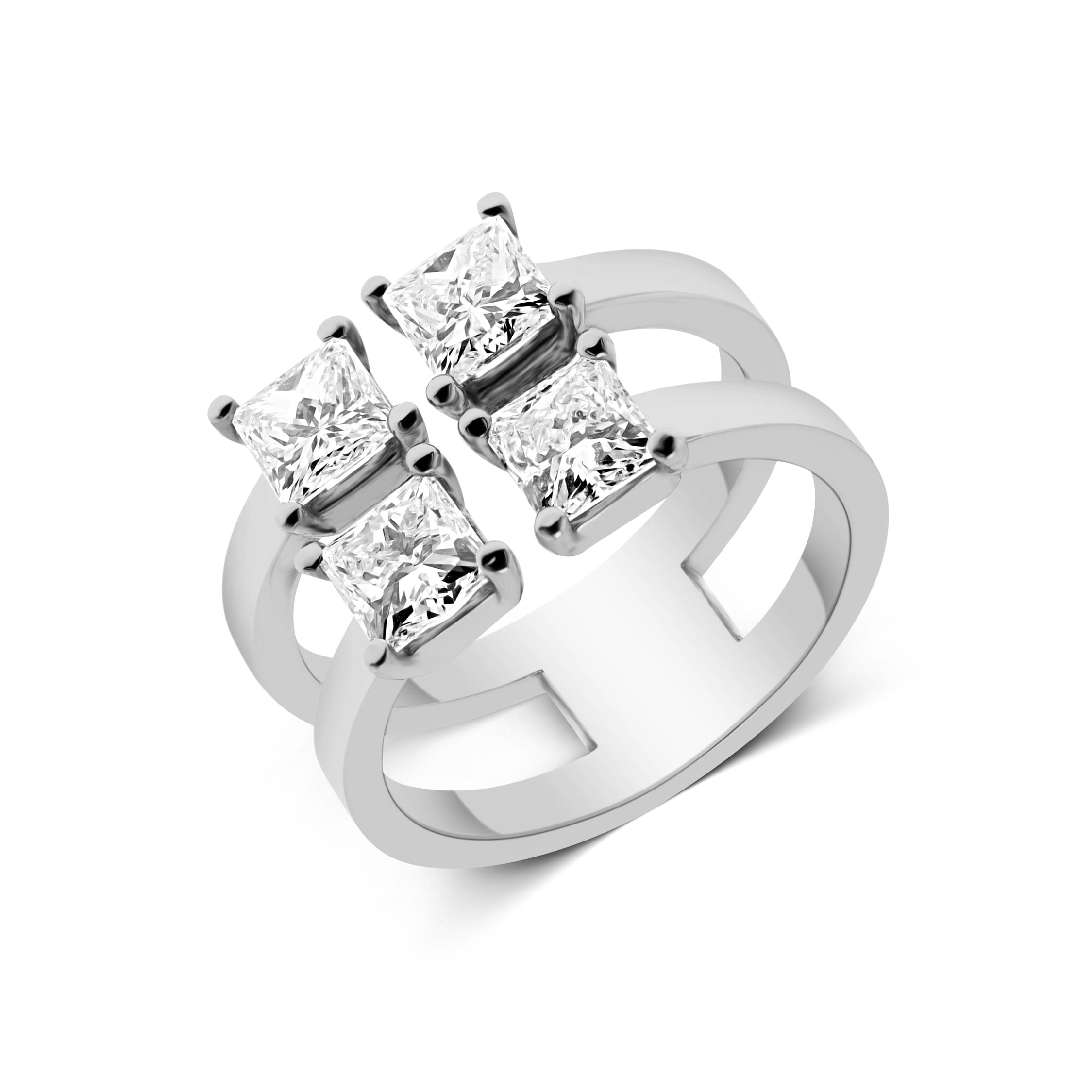 טבעת יהלומים דגם לינור אלגנטי בעיצוב להקה ייחודית עם ארבעה יהלומים בחיתוך מרובע המשובצים בשורה אנכית.