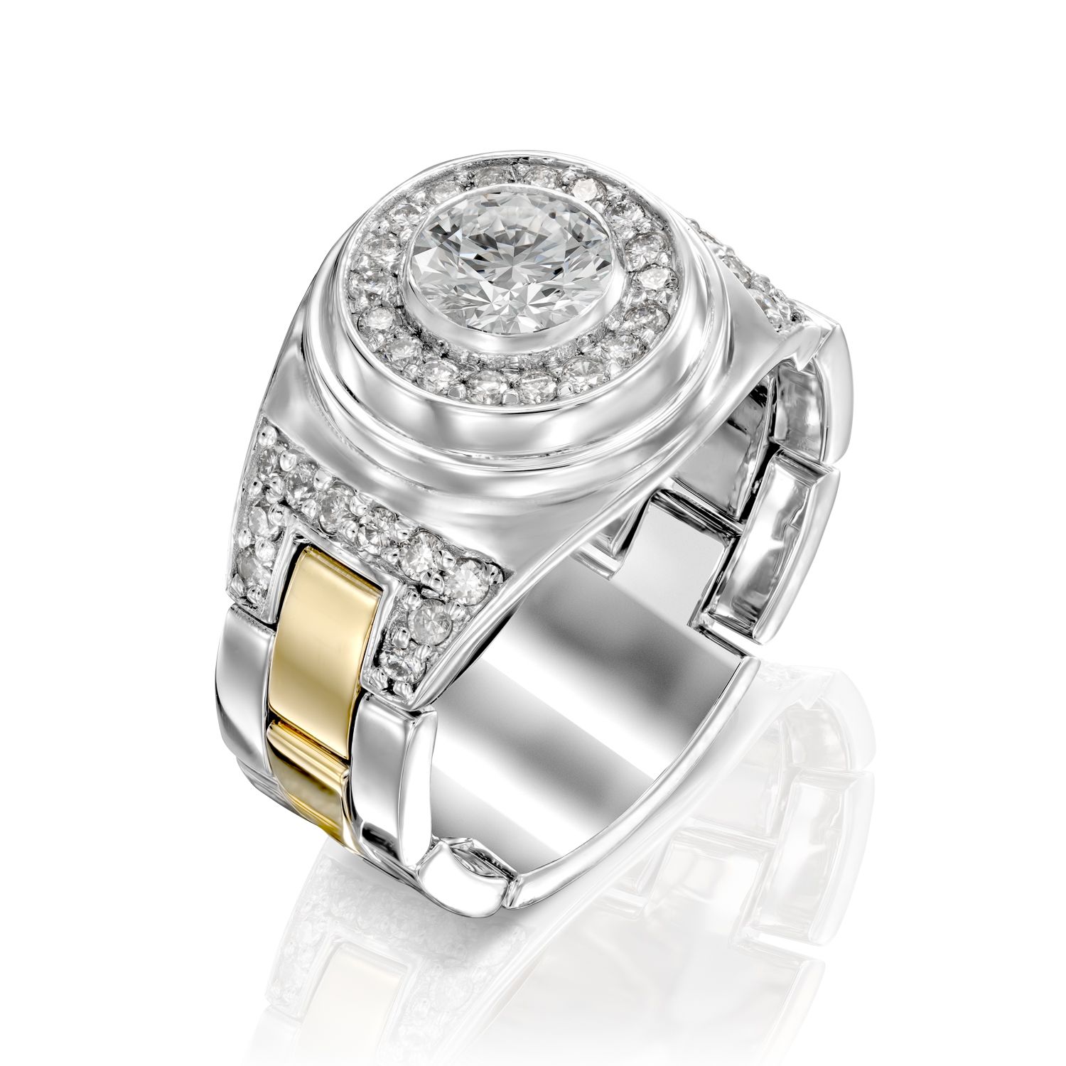 A luxurious two-tone Diamond ring model Michaelov featuring a central round-cut diamond, surrounded by a halo of smaller diamonds and with additional diamonds embellishing the band, set in a combination of white and yellow gold.