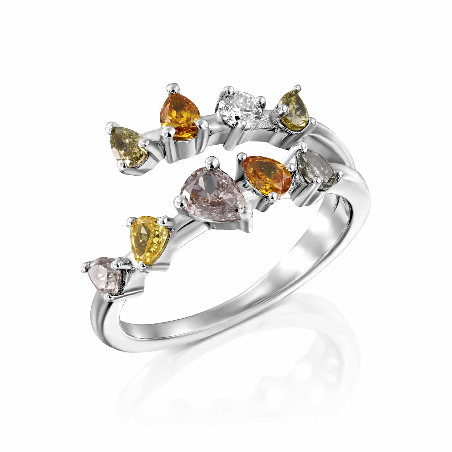 טבעת יהלומים דגם שרינה אלגנטית מעוטרת בקונסטלציה של אבני חן ססגוניות בחיתוכים שונים, מסודרות בחן בעיצוב זורם.
