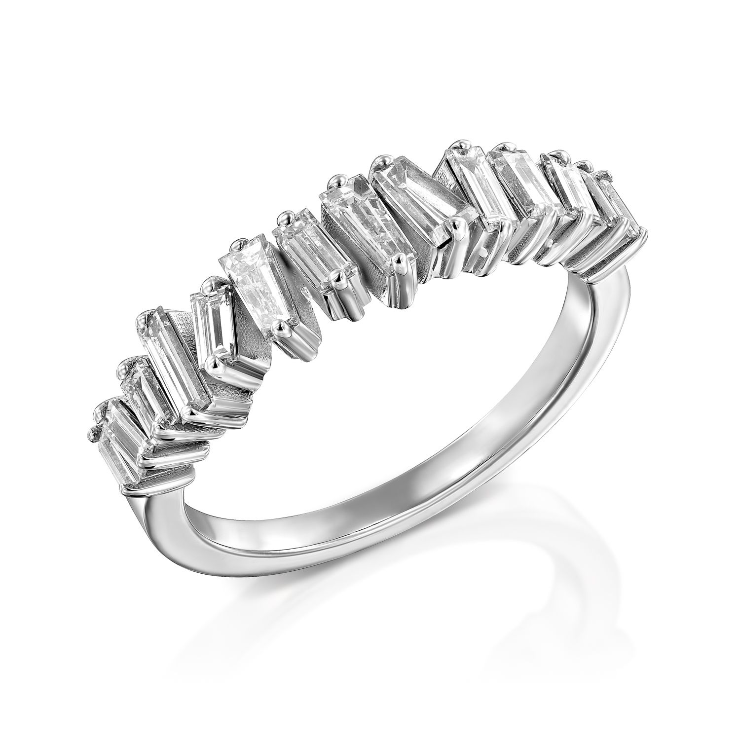 דגם טבעת יהלומים אלגנטי מעוטר בשורה של יהלומים נוצצים בחיתוך אמרלד, המציגים עיצוב יוקרתי ועכשווי.