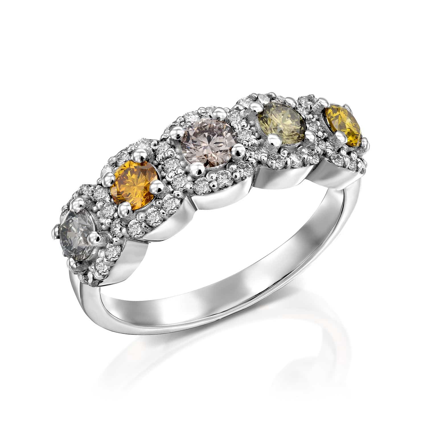 טבעת יהלומים דגם ביאנקה אלגנטית מעוטרת באבני חן לבנות וצהובות מתחלפות מוקפת בהדגשי יהלומים קטנים יותר.