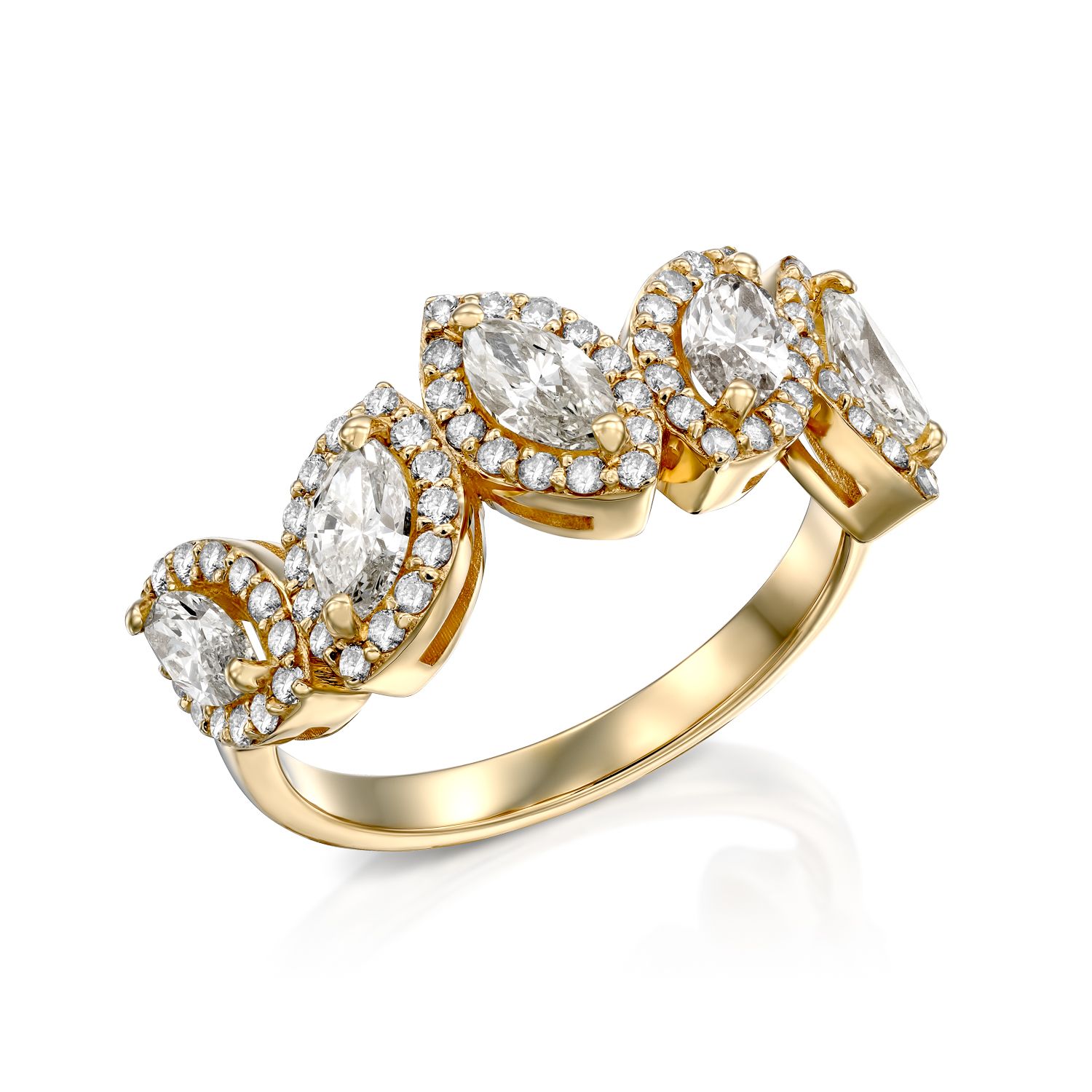 דגם טבעת יהלומים יוקרתי ססיליה מעוטרת במרקיזה ויהלומים בחיתוך עגול משובצים בעיצוב הילה מעודן.