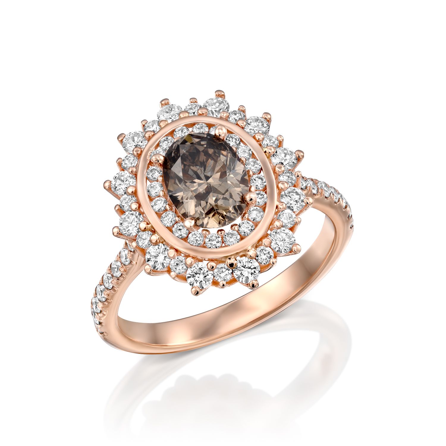 טבעת זהב רוז עם יהלום חום מרכזי מוקף בהילה כפולה של יהלומים קטנים יותר.
